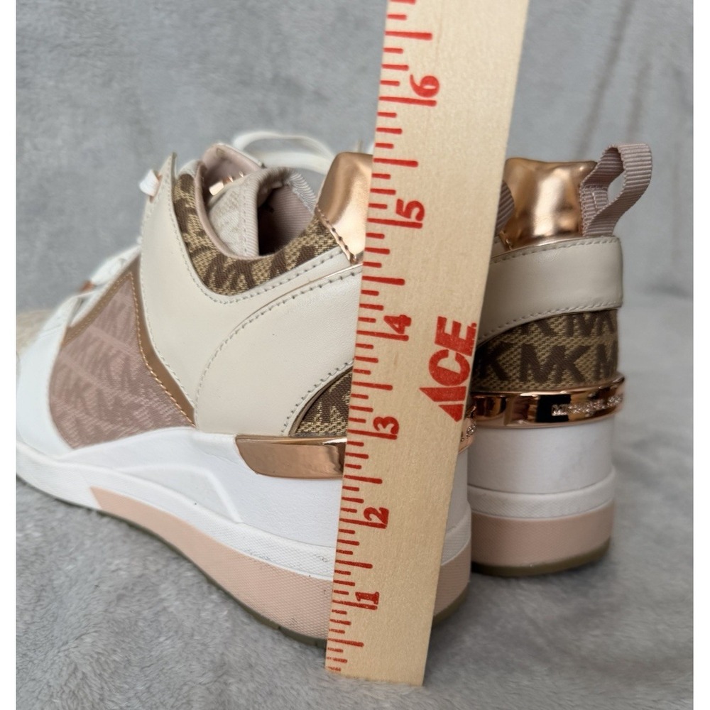 Michael Kors Rose Gold Georgie Trainer Sneakers Heels SZ 9 Leather Canvas Pink - Picture 7 of 9